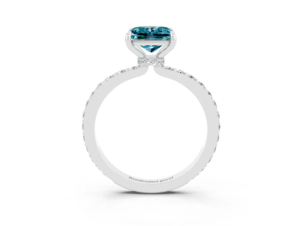 Platinum Princess Cut Blue Topaz Solitaire Engagement Ring with Pavé Band and Four-Prong Setting