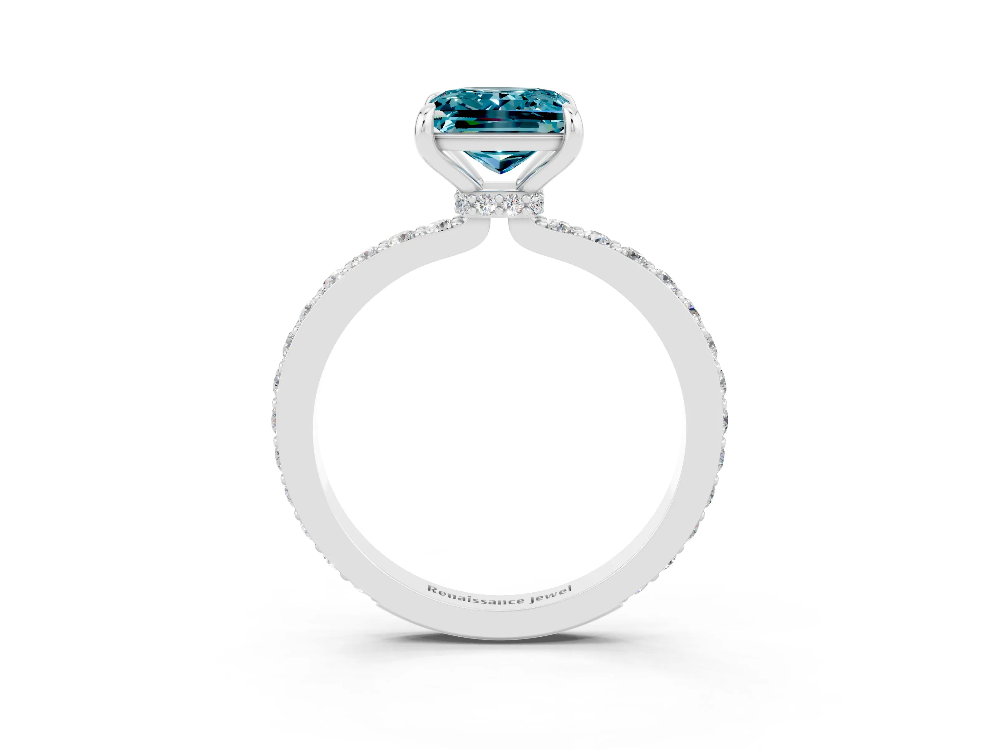 White gold Princess Cut Blue Topaz Solitaire Engagement Ring with Pavé Band and Four-Prong Setting_3
