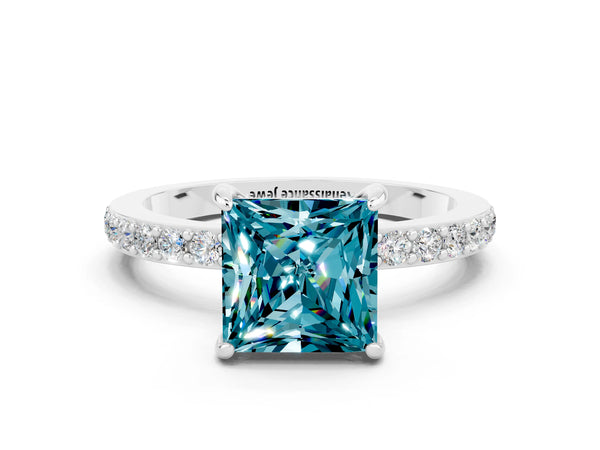 White gold Princess Cut Blue Topaz Solitaire Engagement Ring with Pavé Band and Four-Prong Setting