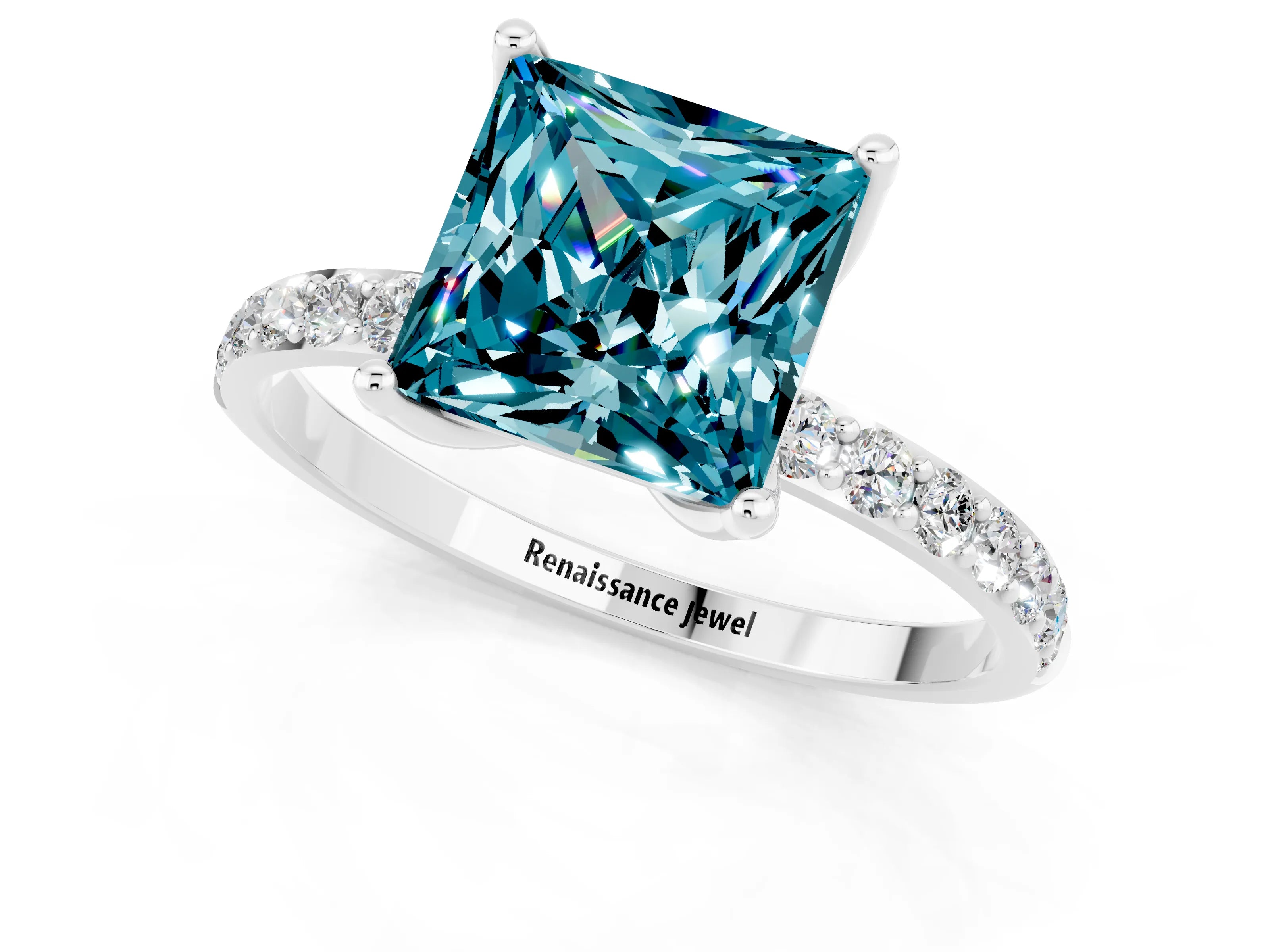 White gold Princess Cut Blue Topaz Solitaire Engagement Ring with Pavé Band and Prong Setting_1