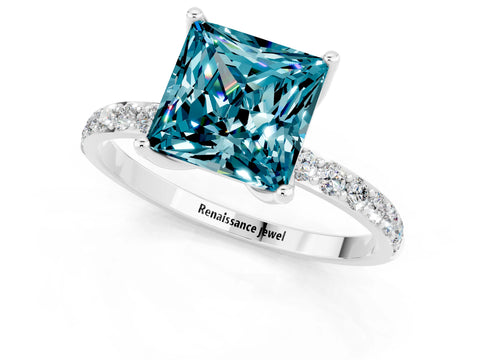 White gold Princess Cut Blue Topaz Solitaire Engagement Ring with Pavé Band and Prong Setting_1