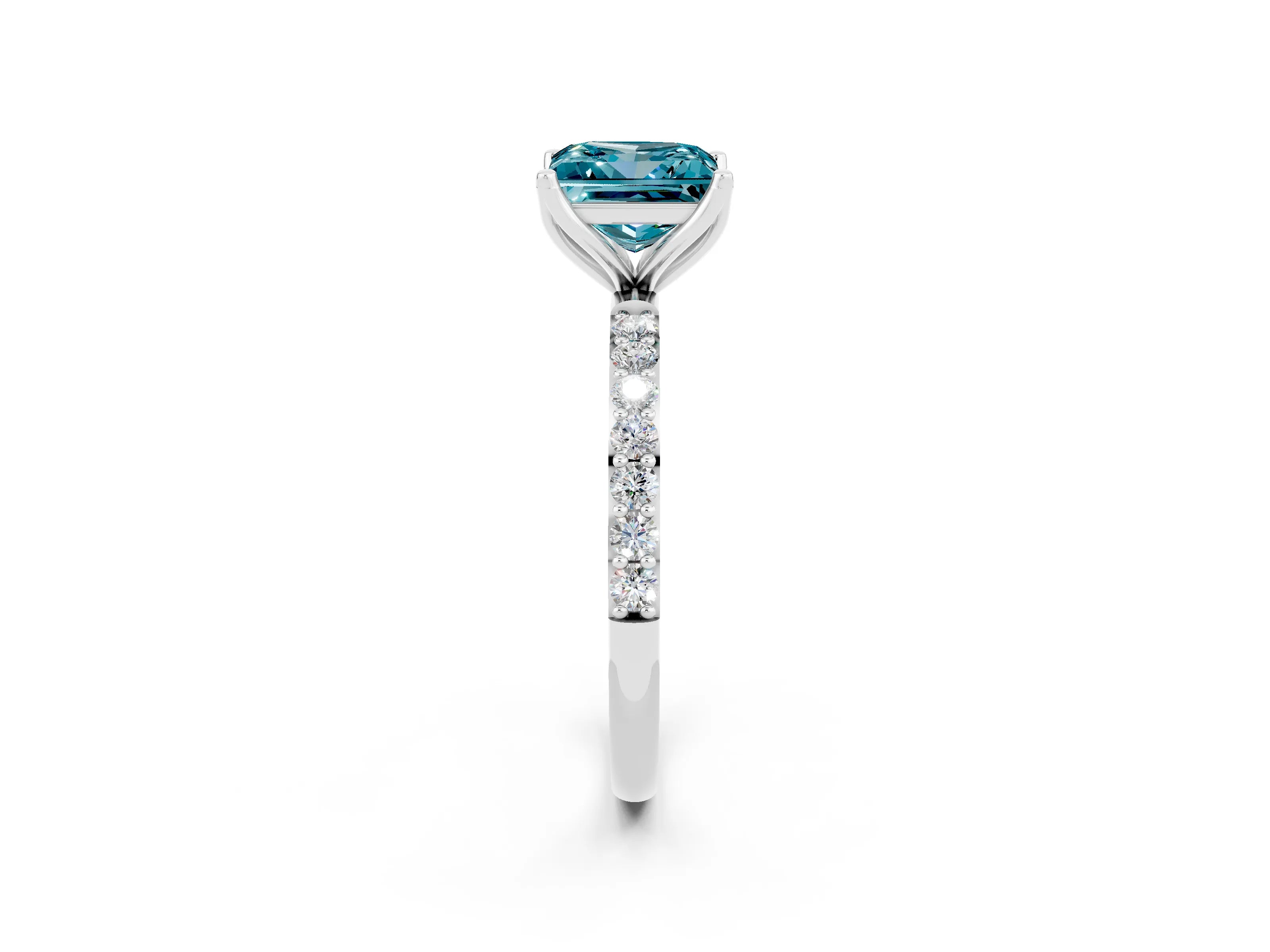White gold Princess Cut Blue Topaz Solitaire Engagement Ring with Pavé Band and Prong Setting_2