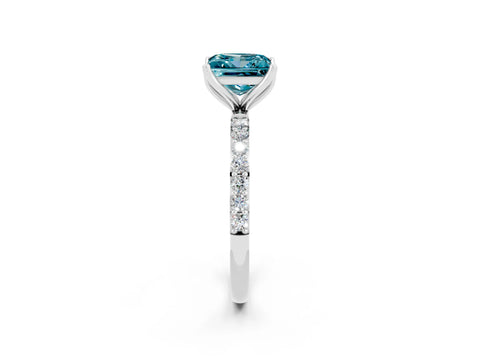 White gold Princess Cut Blue Topaz Solitaire Engagement Ring with Pavé Band and Prong Setting_2