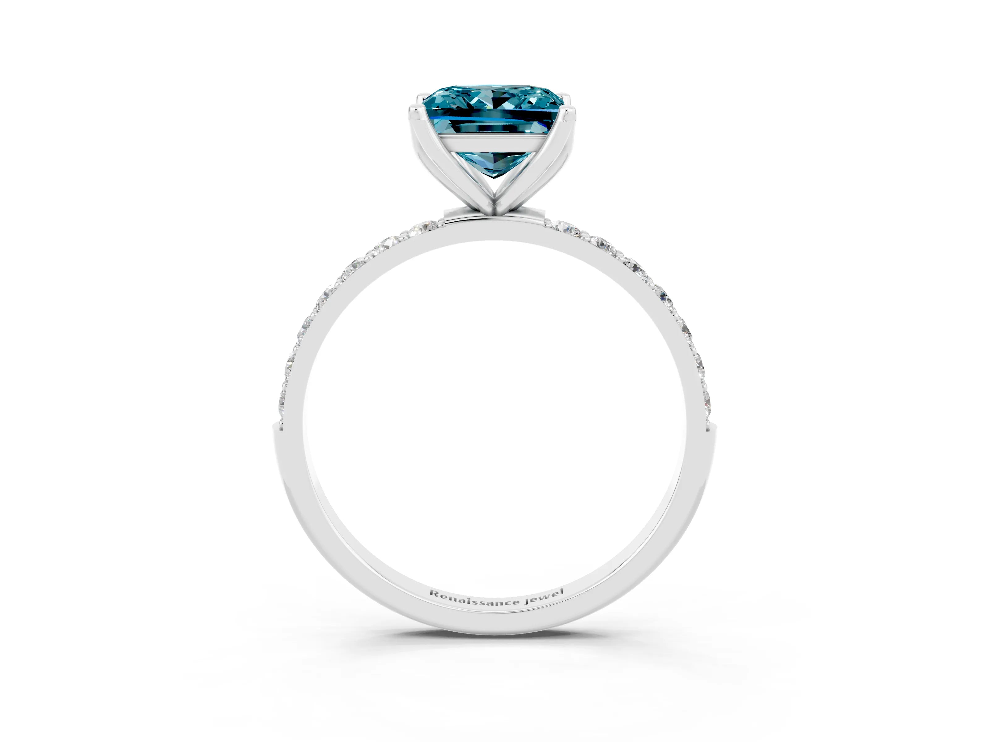 White gold Princess Cut Blue Topaz Solitaire Engagement Ring with Pavé Band and Prong Setting_3