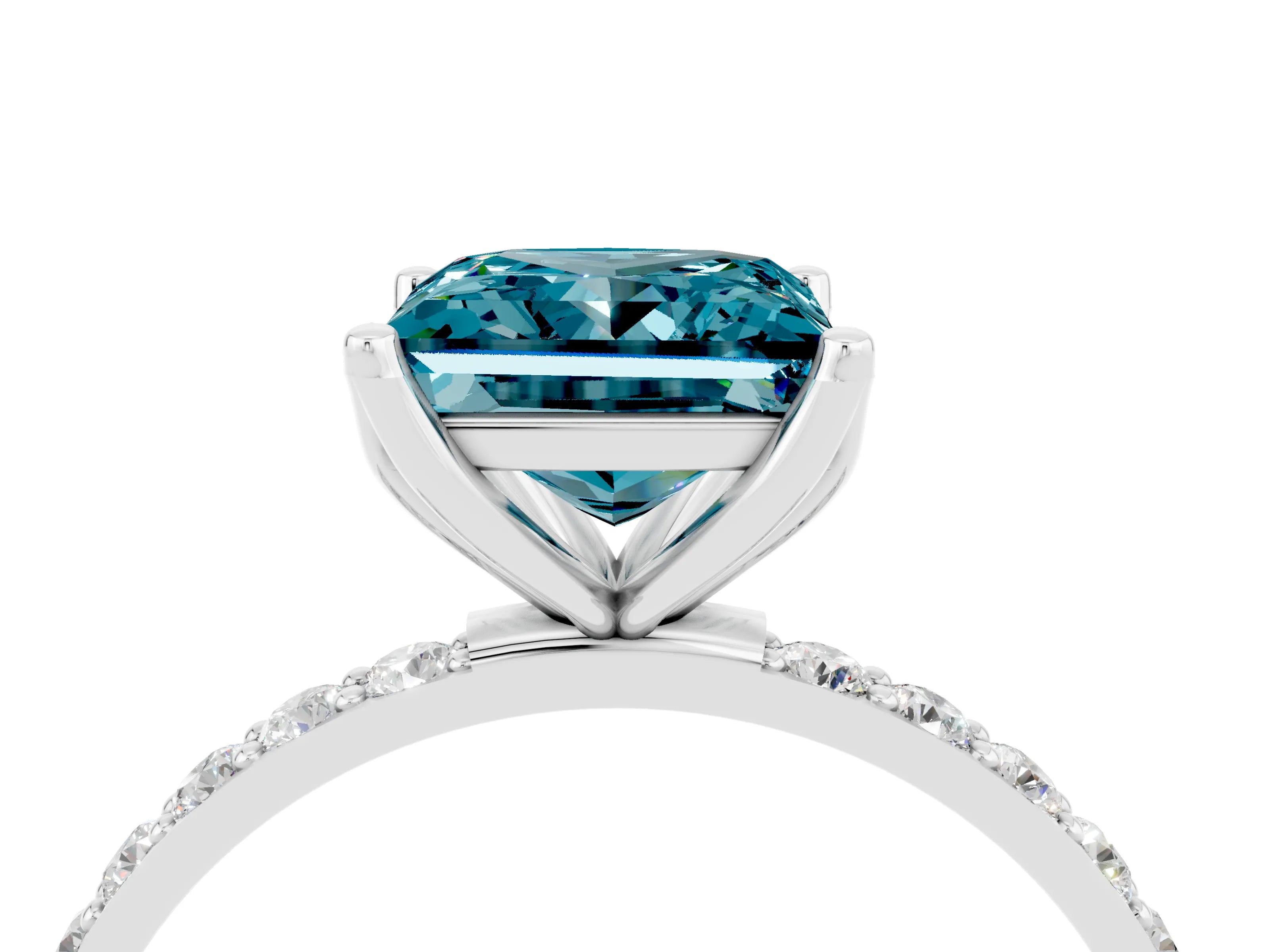 White gold Princess Cut Blue Topaz Solitaire Engagement Ring with Pavé Band and Prong Setting_4