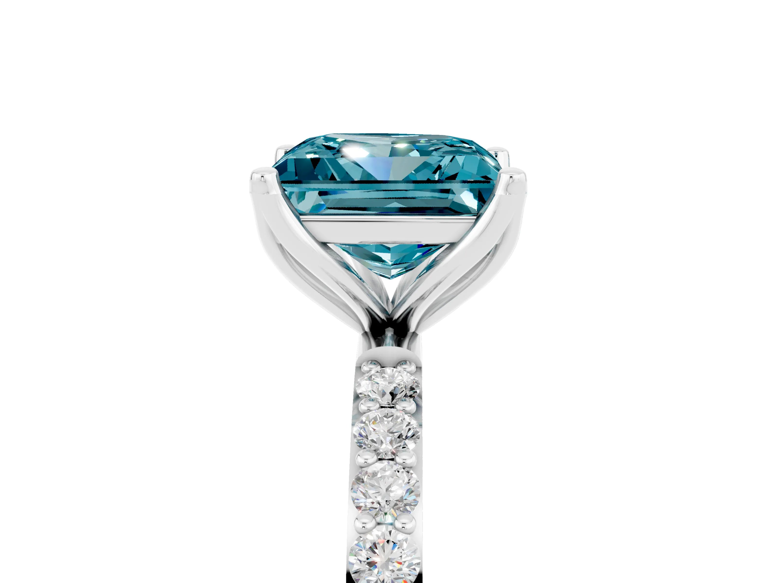 White gold Princess Cut Blue Topaz Solitaire Engagement Ring with Pavé Band and Prong Setting_5