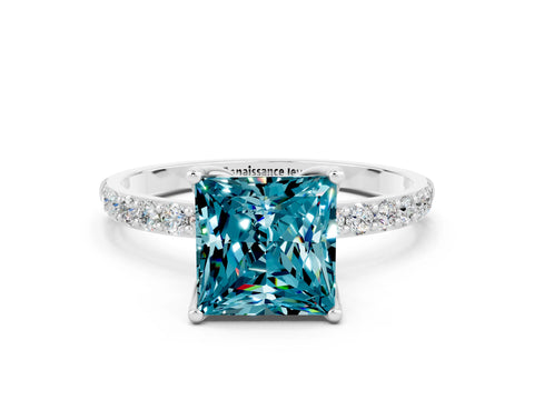 White gold Princess Cut Blue Topaz Solitaire Engagement Ring with Pavé Band and Prong Setting