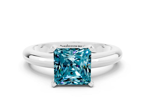 White gold Princess Cut Blue Topaz Solitaire Engagement Ring with Round Band and Four-Prong Setting