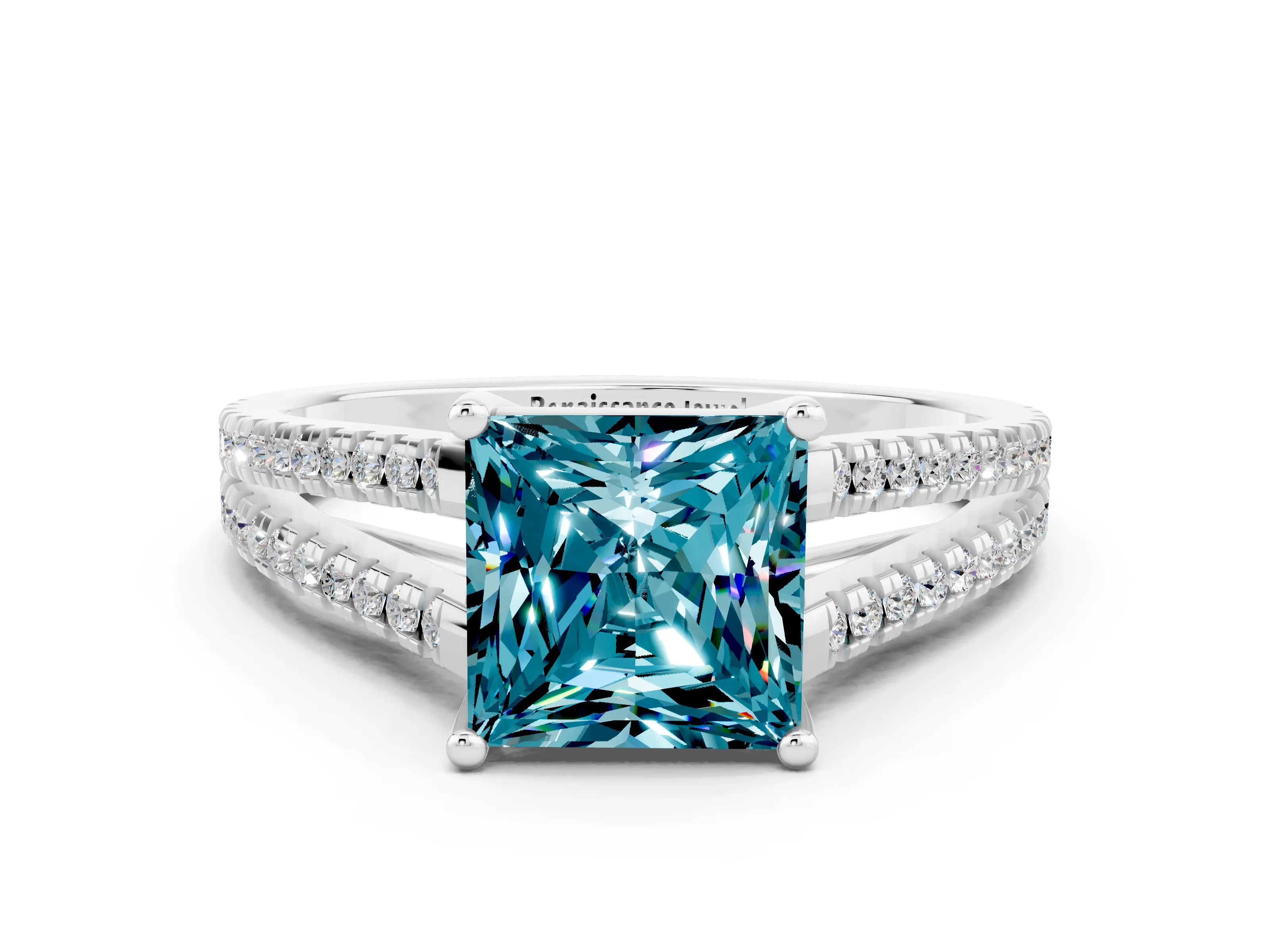 White gold Princess Cut Blue Topaz Solitaire Engagement Ring with Split Shank Pavé Band