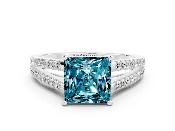 Platinum Princess Cut Blue Topaz Solitaire Engagement Ring with Split Shank Pavé Band