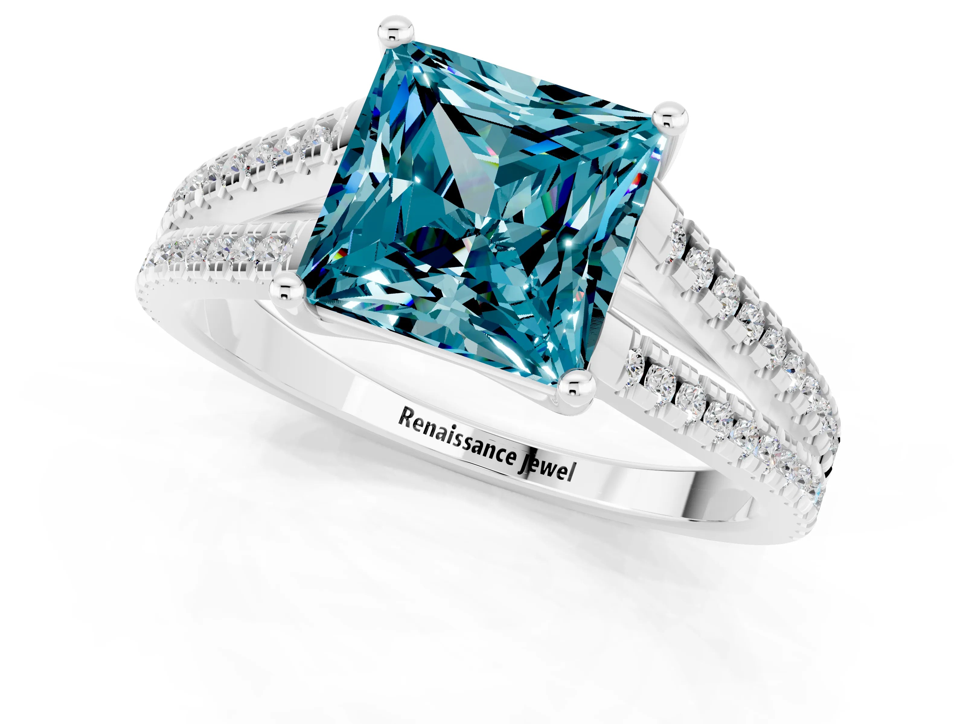 White gold Princess Cut Blue Topaz Solitaire Engagement Ring with Split Shank Pavé Band_1