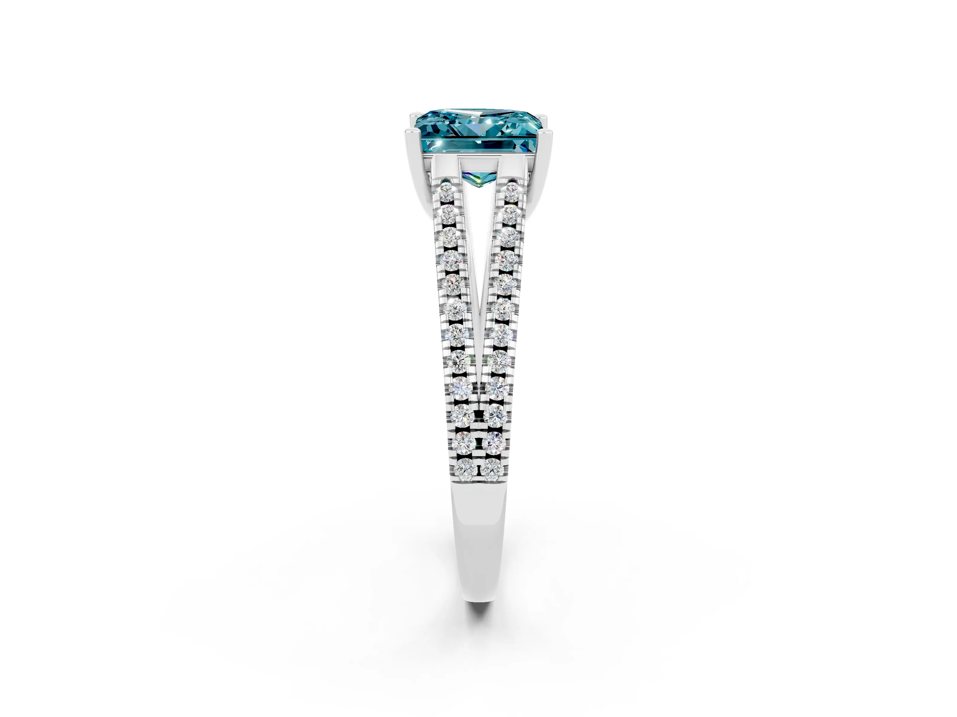 White gold Princess Cut Blue Topaz Solitaire Engagement Ring with Split Shank Pavé Band_2