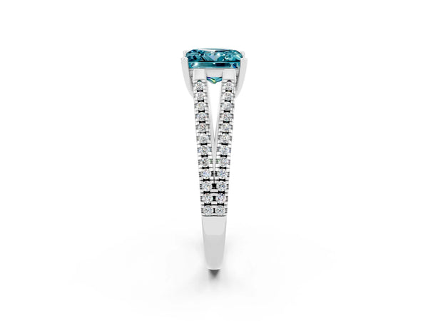 White gold Princess Cut Blue Topaz Solitaire Engagement Ring with Split Shank Pavé Band