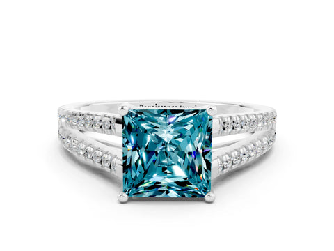 White gold Princess Cut Blue Topaz Solitaire Engagement Ring with Split Shank Pavé Band