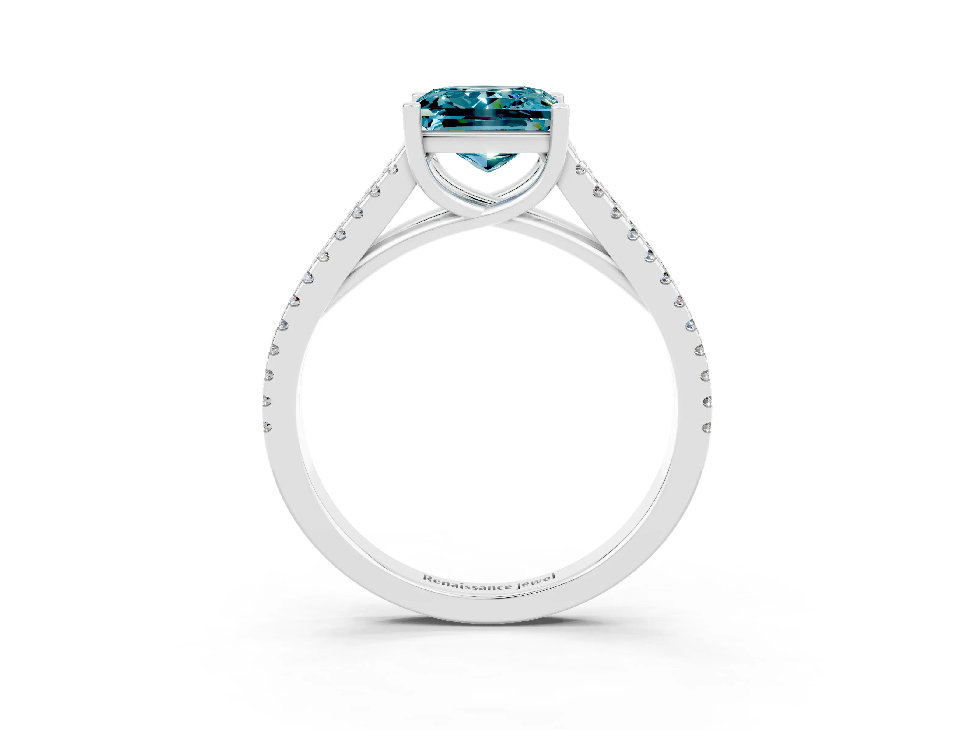White gold Princess Cut Blue Topaz Solitaire Engagement Ring with Split Shank Pavé Band_3