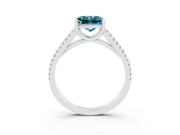 White gold Princess Cut Blue Topaz Solitaire Engagement Ring with Split Shank Pavé Band