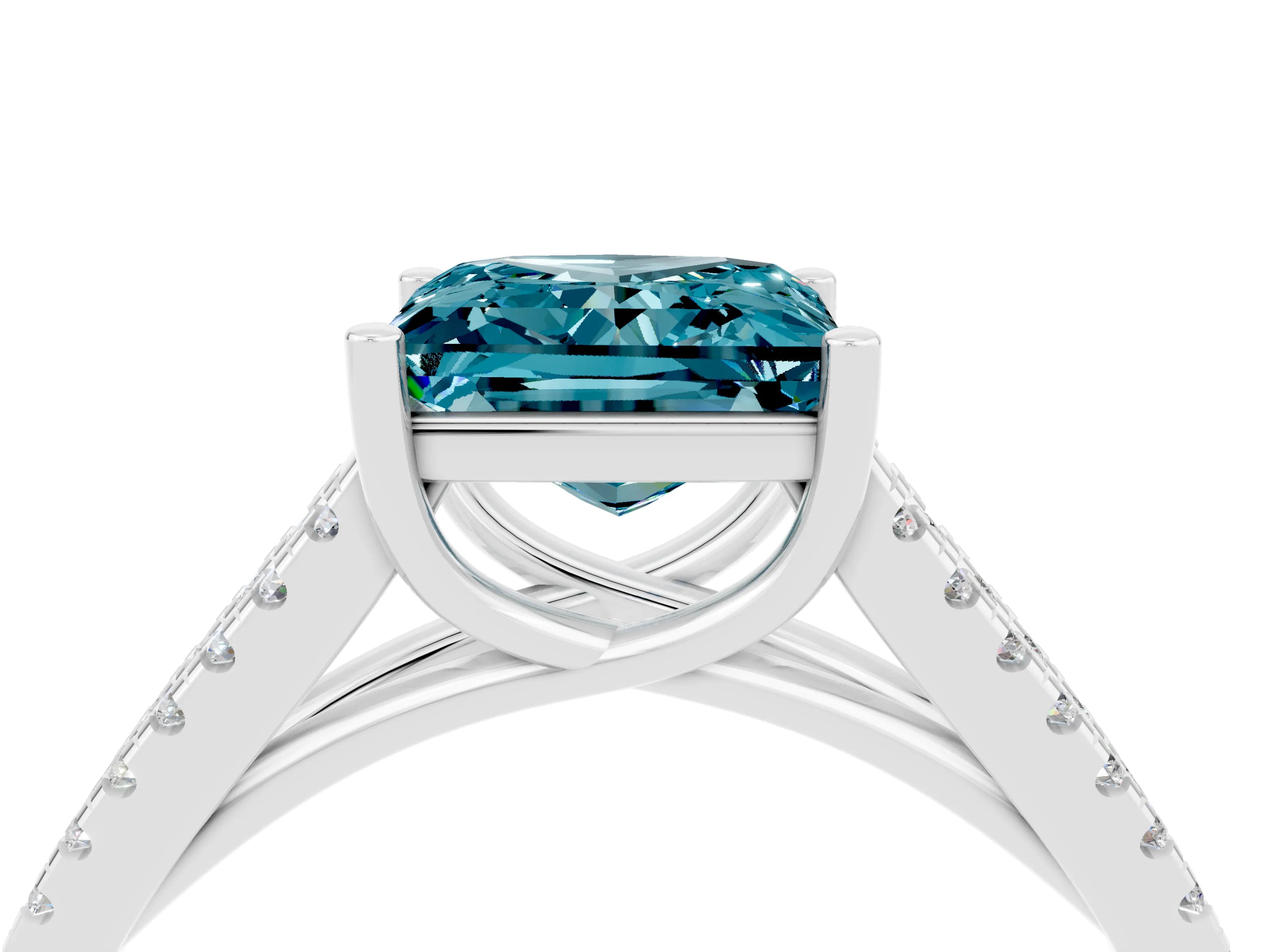 White gold Princess Cut Blue Topaz Solitaire Engagement Ring with Split Shank Pavé Band_4