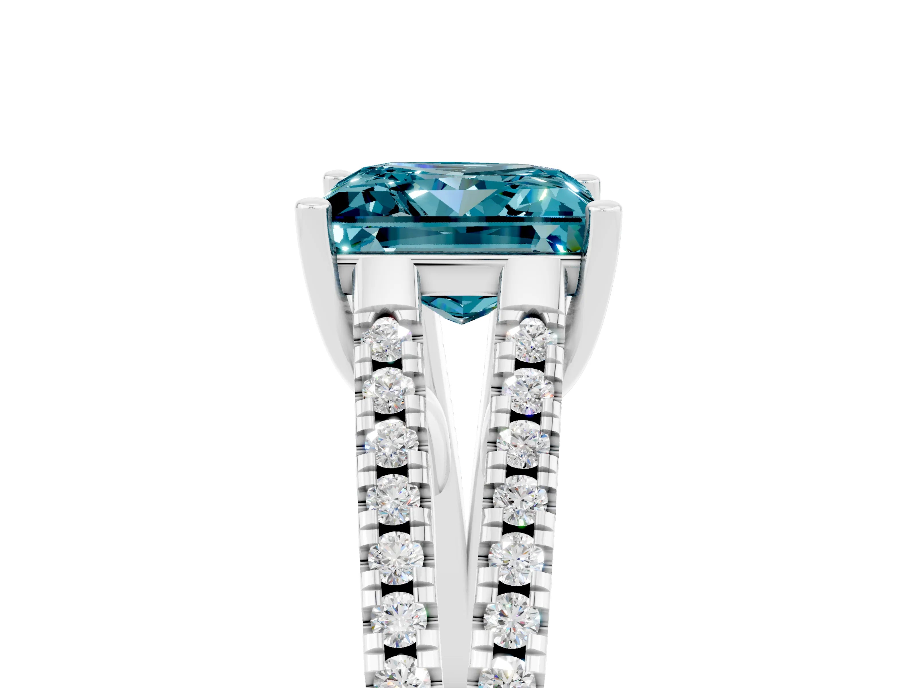 White gold Princess Cut Blue Topaz Solitaire Engagement Ring with Split Shank Pavé Band_5