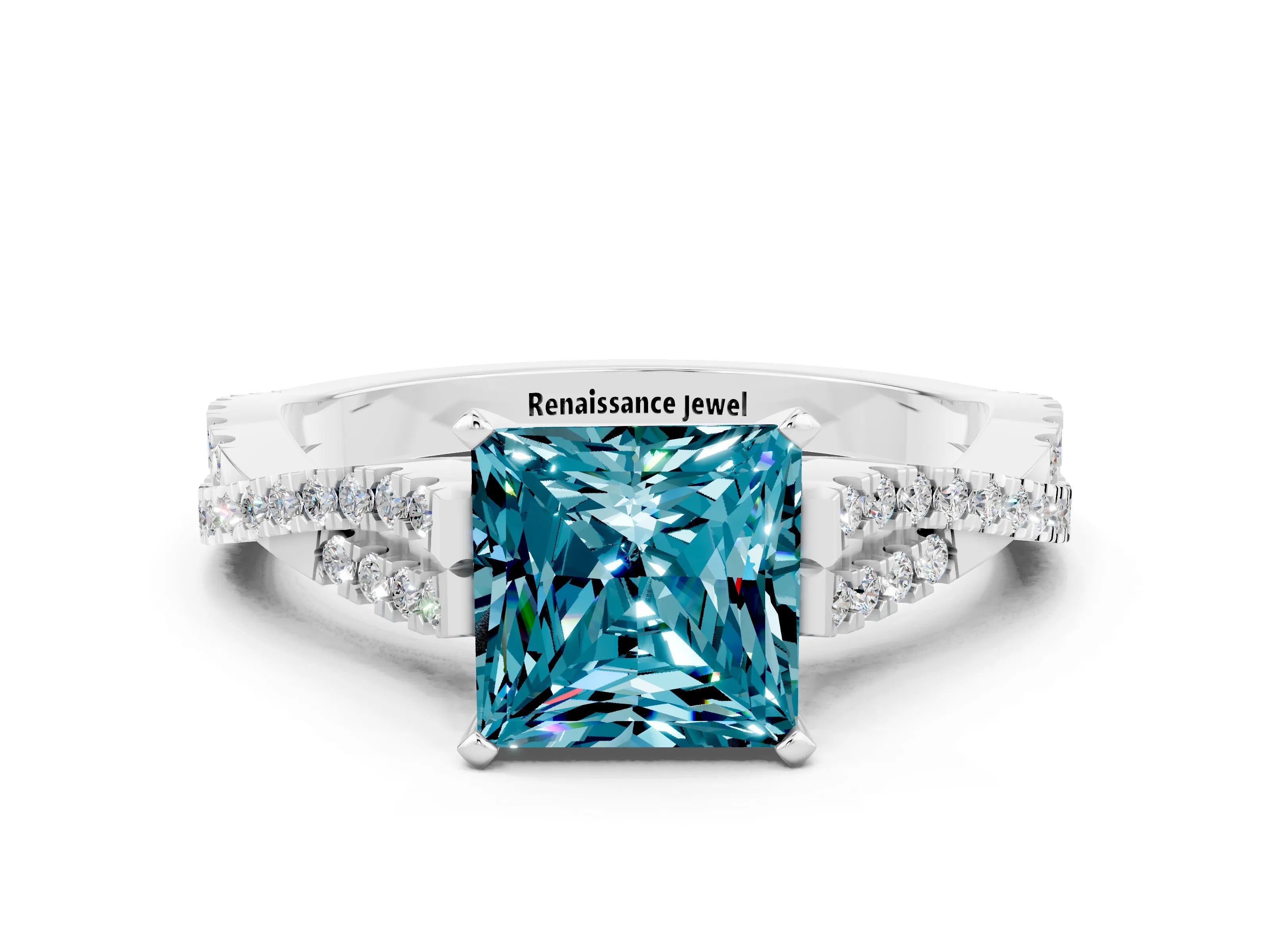 White gold Princess Cut Blue Topaz Solitaire Engagement Ring with Twisted Pavé Band and Four-Prong Setting_12