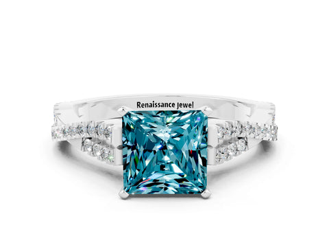White gold Princess Cut Blue Topaz Solitaire Engagement Ring with Twisted Pavé Band and Four-Prong Setting_12