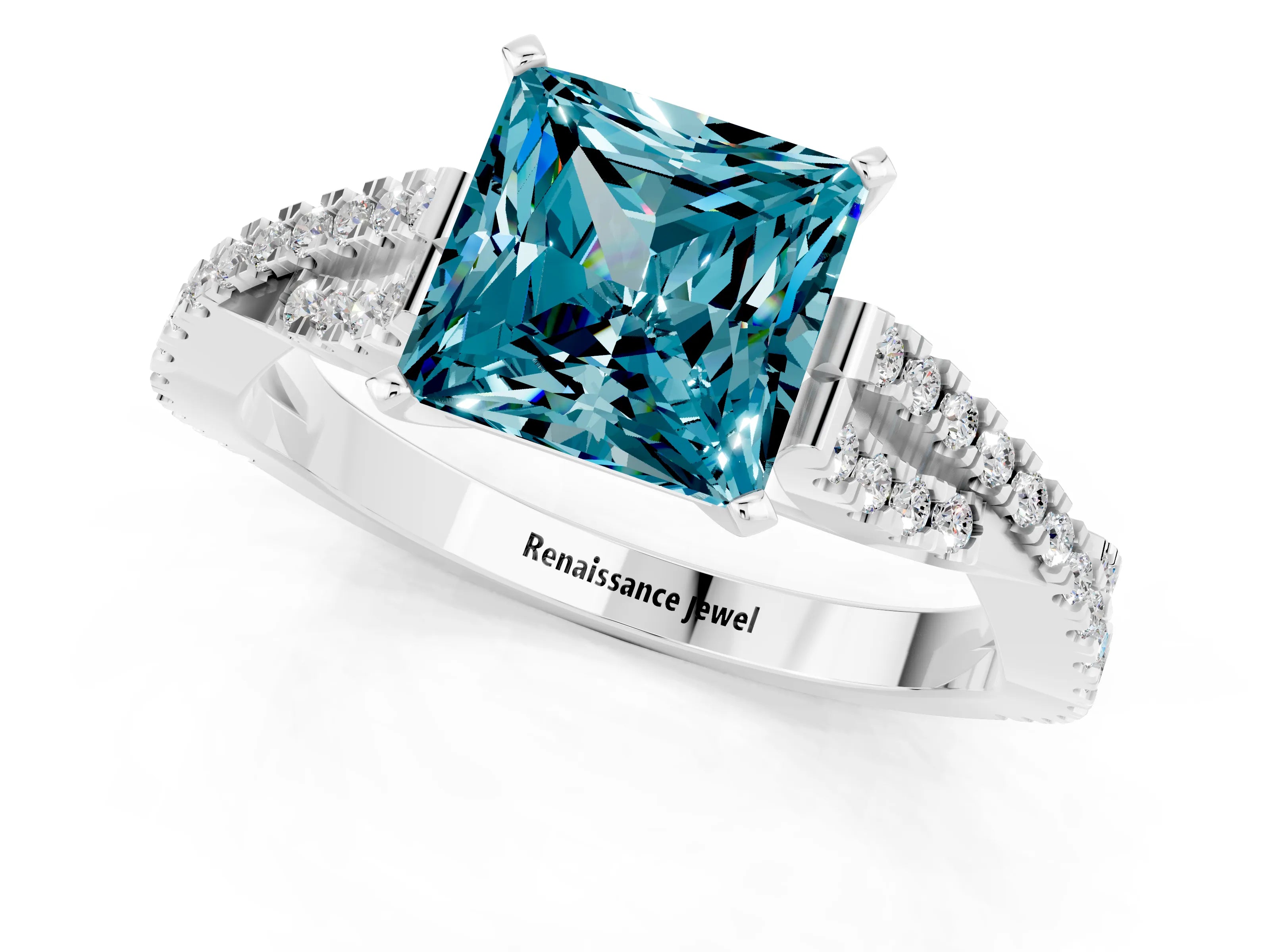 White gold Princess Cut Blue Topaz Solitaire Engagement Ring with Twisted Pavé Band and Four-Prong Setting_13