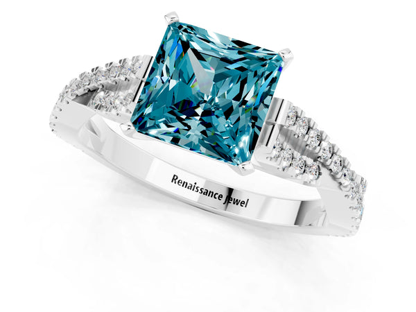 White gold Princess Cut Blue Topaz Solitaire Engagement Ring with Twisted Pavé Band and Four-Prong Setting