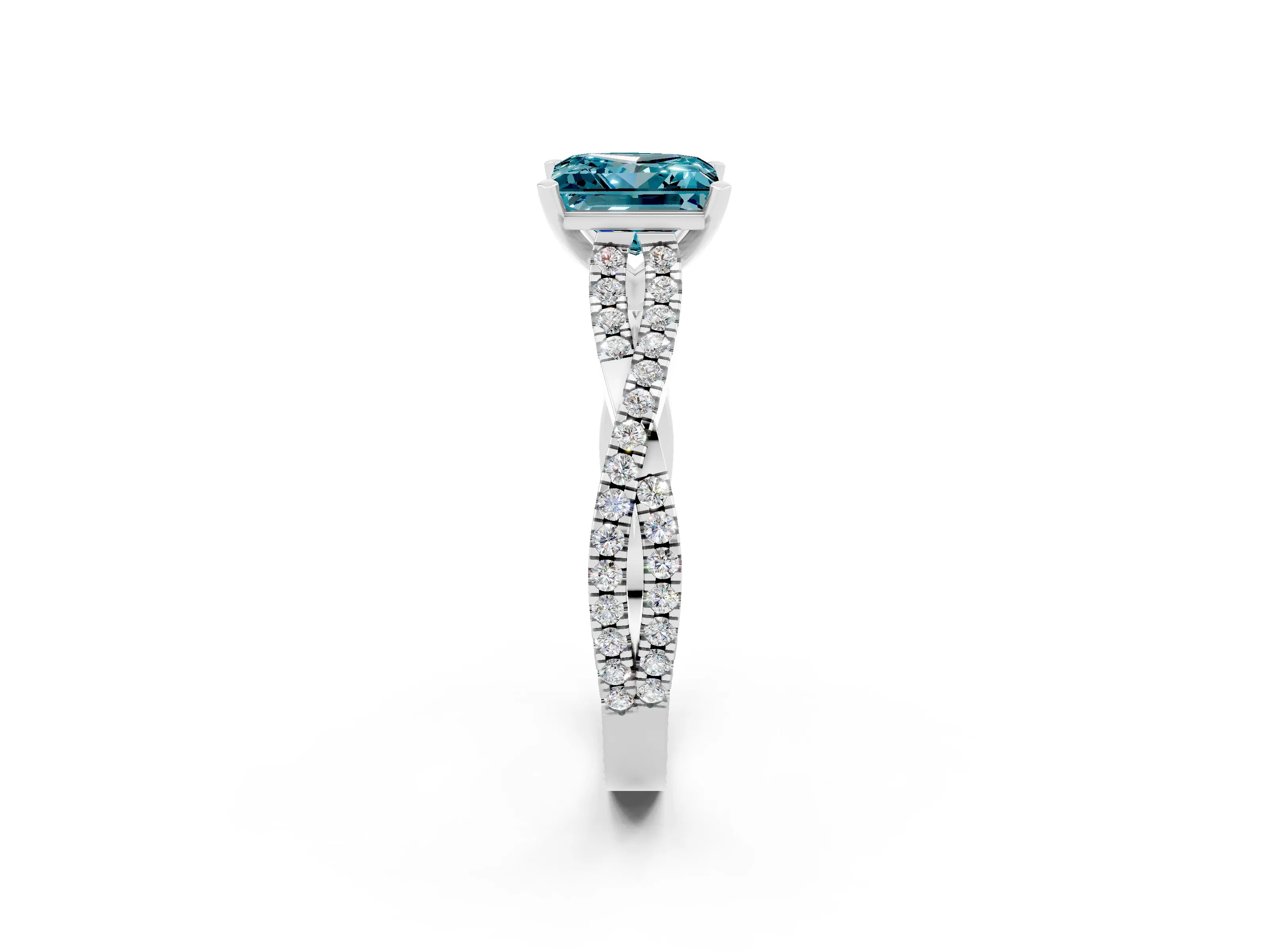 White gold Princess Cut Blue Topaz Solitaire Engagement Ring with Twisted Pavé Band and Four-Prong Setting_14