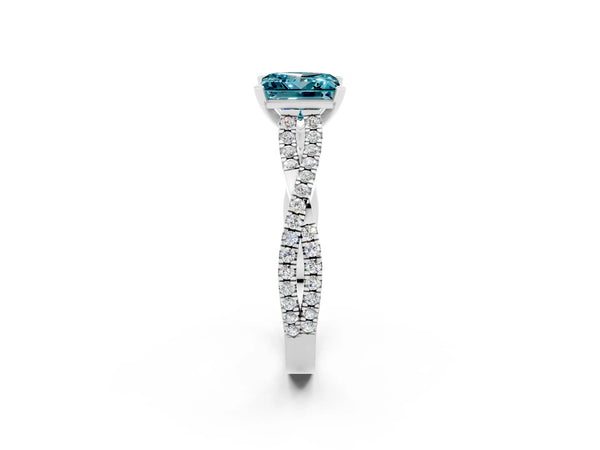 White gold Princess Cut Blue Topaz Solitaire Engagement Ring with Twisted Pavé Band and Four-Prong Setting