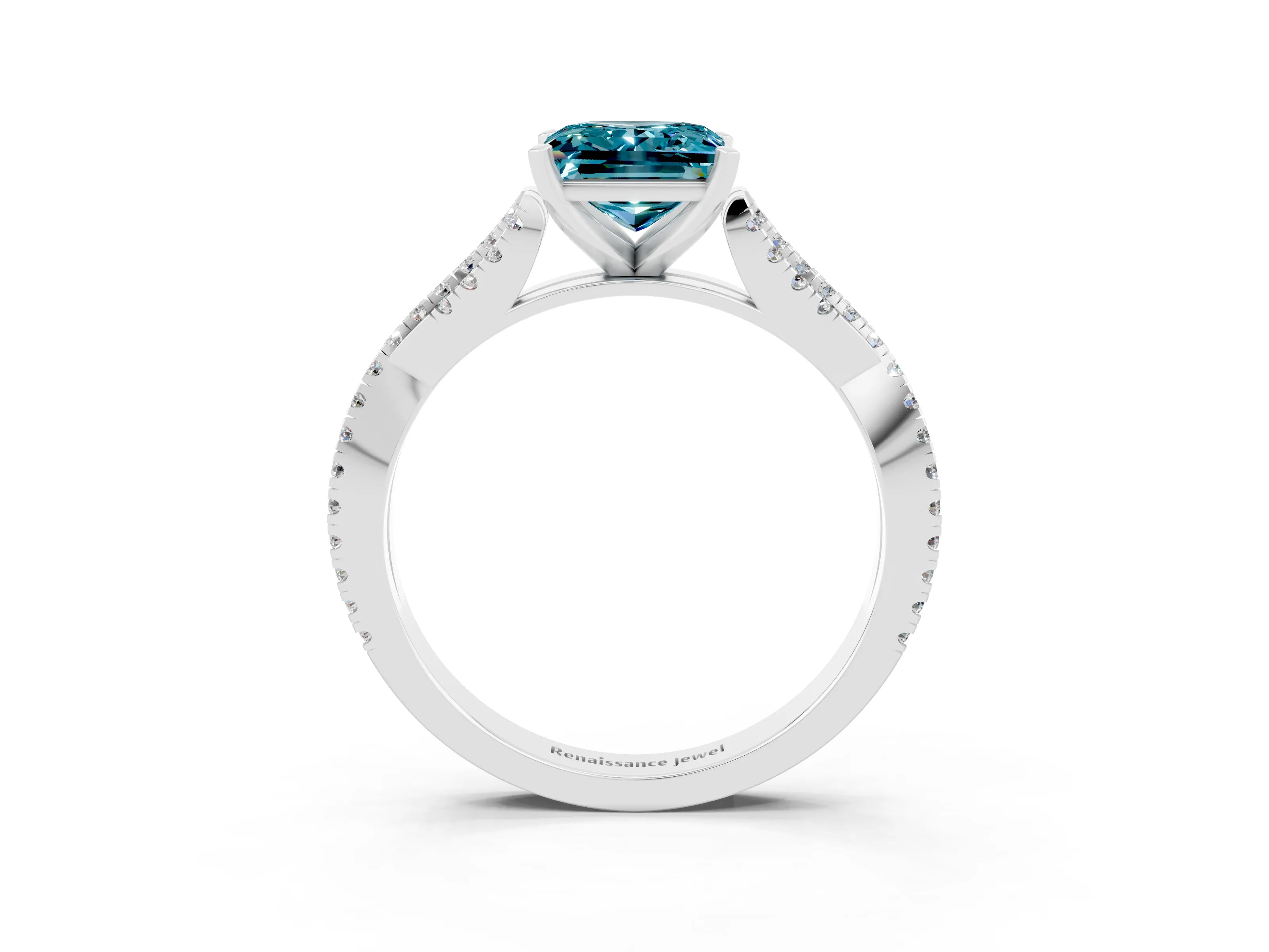 White gold Princess Cut Blue Topaz Solitaire Engagement Ring with Twisted Pavé Band and Four-Prong Setting_15