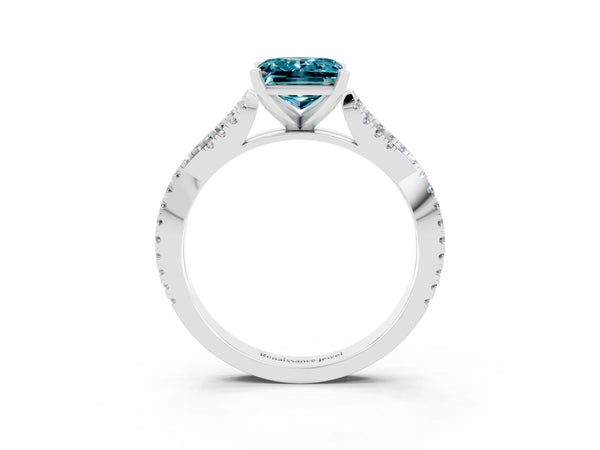 Platinum Princess Cut Blue Topaz Solitaire Engagement Ring with Twisted Pavé Band and Four-Prong Setting