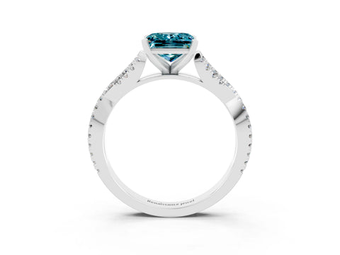 White gold Princess Cut Blue Topaz Solitaire Engagement Ring with Twisted Pavé Band and Four-Prong Setting_15