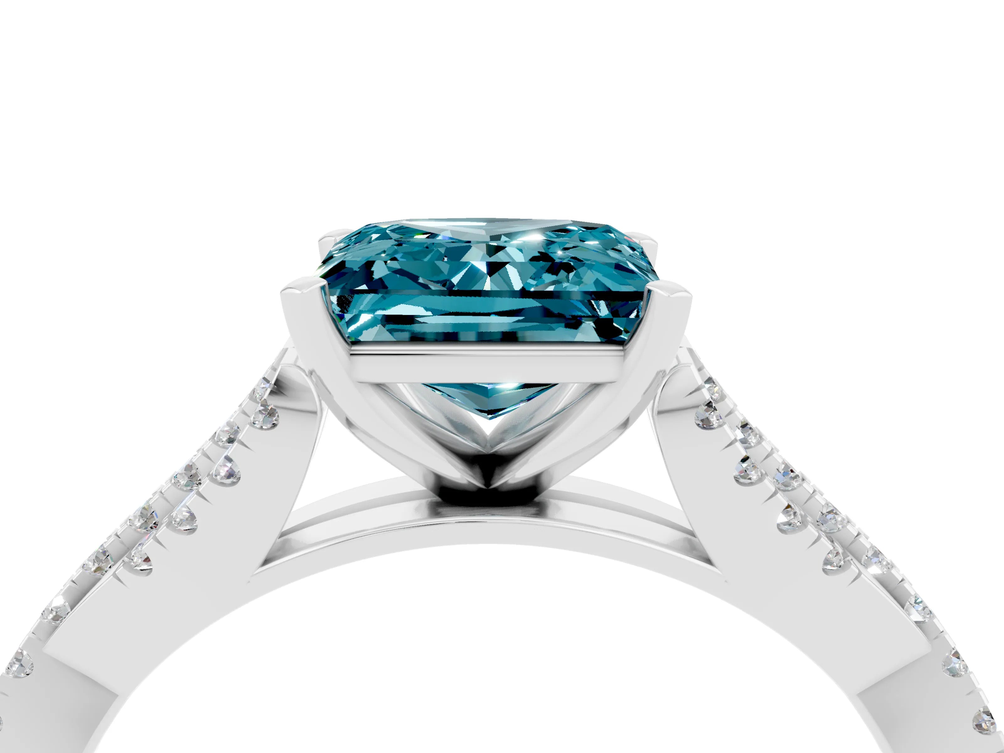 White gold Princess Cut Blue Topaz Solitaire Engagement Ring with Twisted Pavé Band and Four-Prong Setting_16