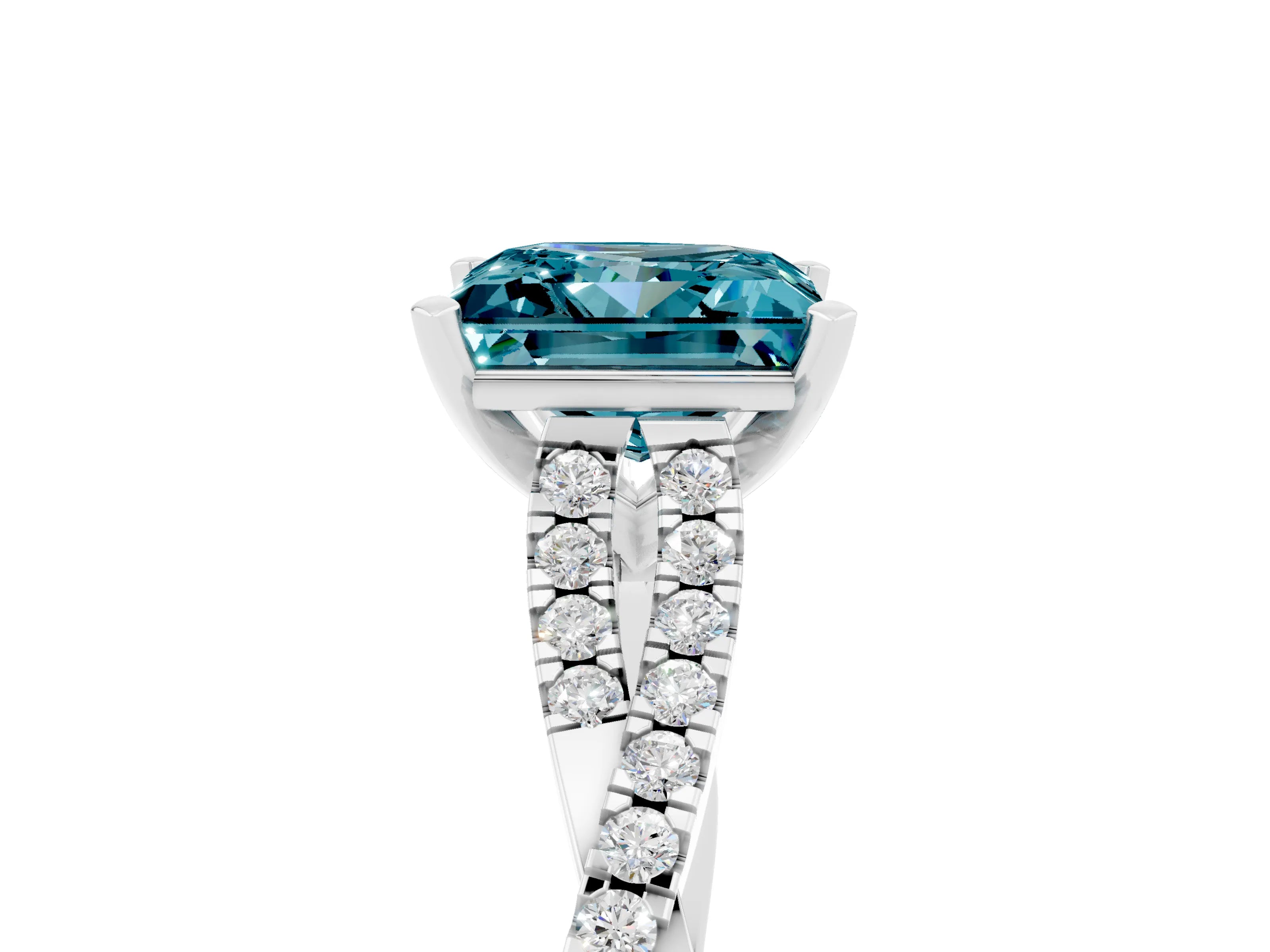 White gold Princess Cut Blue Topaz Solitaire Engagement Ring with Twisted Pavé Band and Four-Prong Setting_17