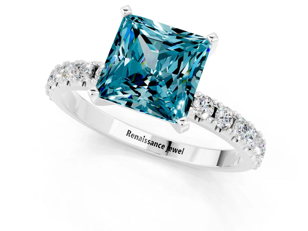 White gold Princess Cut Blue Topaz Solitaire Pavé Band with Four-Prong Setting