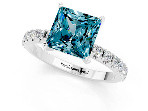 White gold Princess Cut Blue Topaz Solitaire Pavé Band with Four-Prong Setting_1