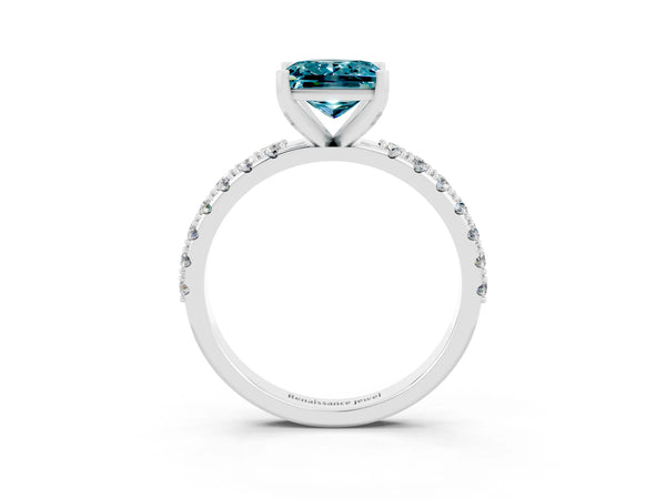 Silver Princess Cut Blue Topaz Solitaire Pavé Band with Four-Prong Setting