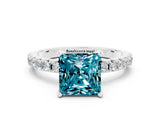 White gold Princess Cut Blue Topaz Solitaire Pavé Band with Four-Prong Setting