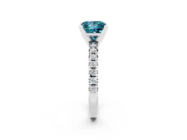 Platinum Princess Cut Blue Topaz Solitaire Pavé Engagement Ring with Round Band and Prong Setting