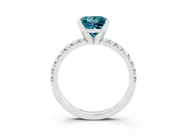 Platinum Princess Cut Blue Topaz Solitaire Pavé Engagement Ring with Round Band and Prong Setting