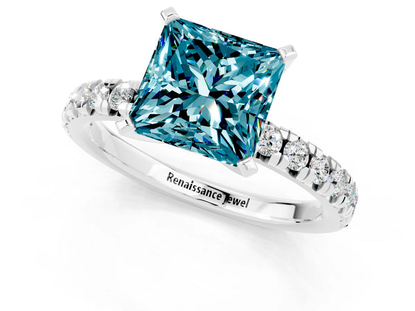 Platinum Princess Cut Blue Topaz Solitaire Pavé Engagement Ring with Round Band and Prong Setting
