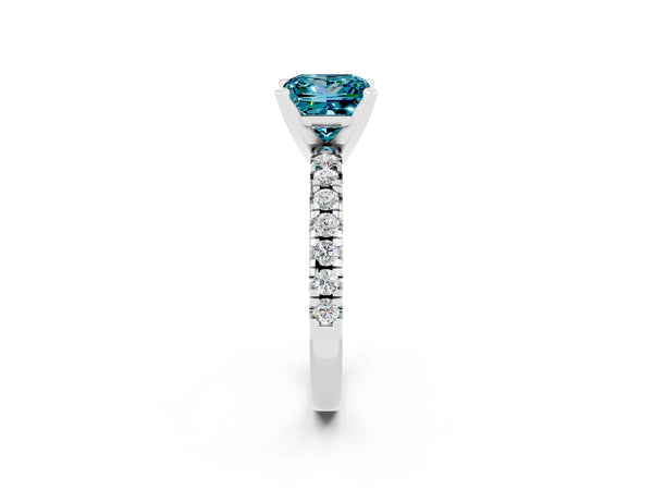 Platinum Princess Cut Blue Topaz Solitaire Pavé Engagement Ring with Round Band and Prong Setting