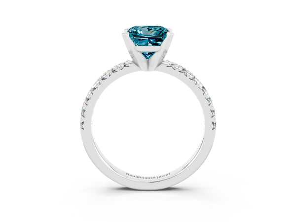 Platinum Princess Cut Blue Topaz Solitaire Pavé Engagement Ring with Round Band and Prong Setting