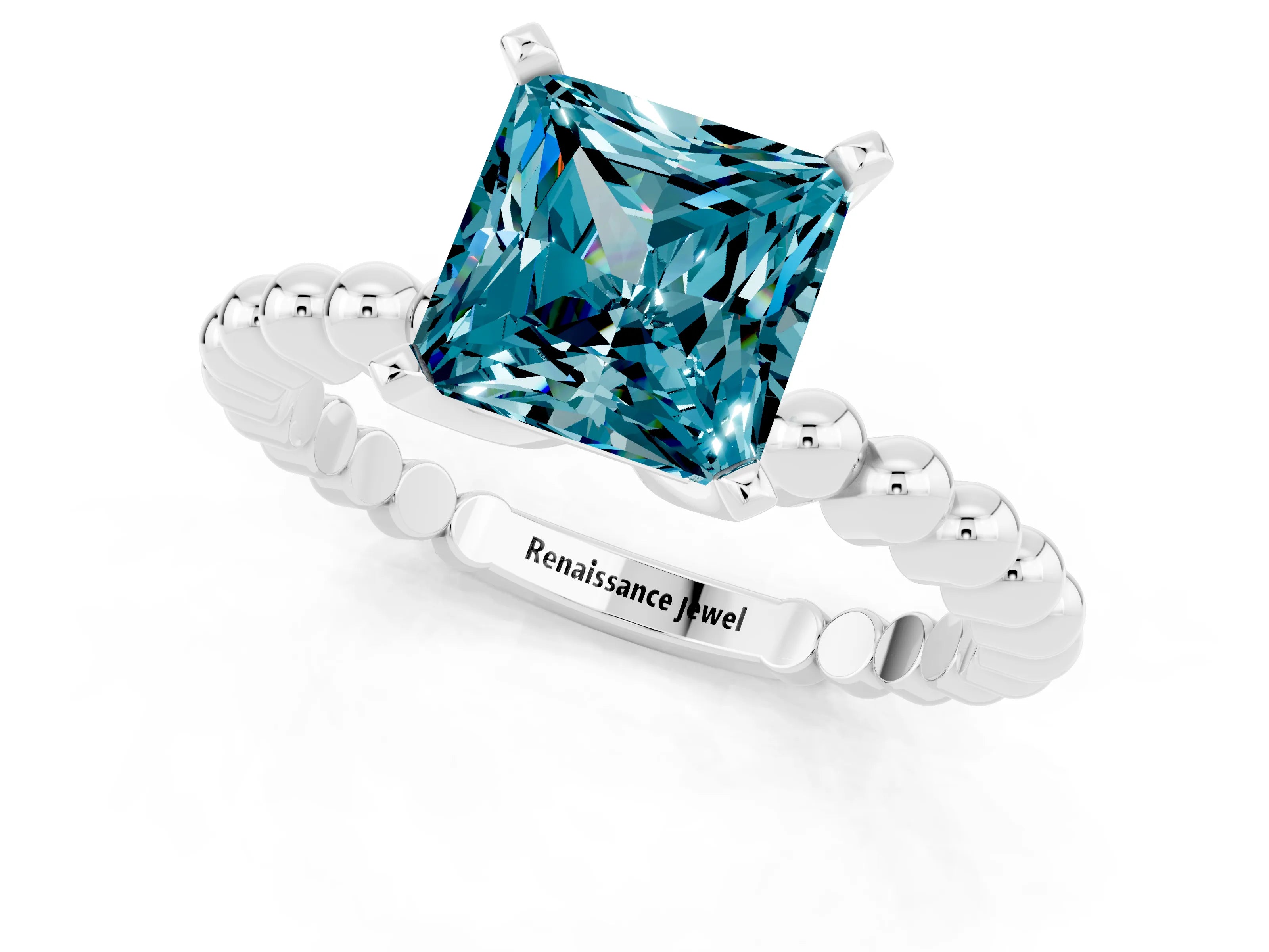 White gold Princess Cut Blue Topaz Solitaire Ring with Beaded Band and Prong Setting_13