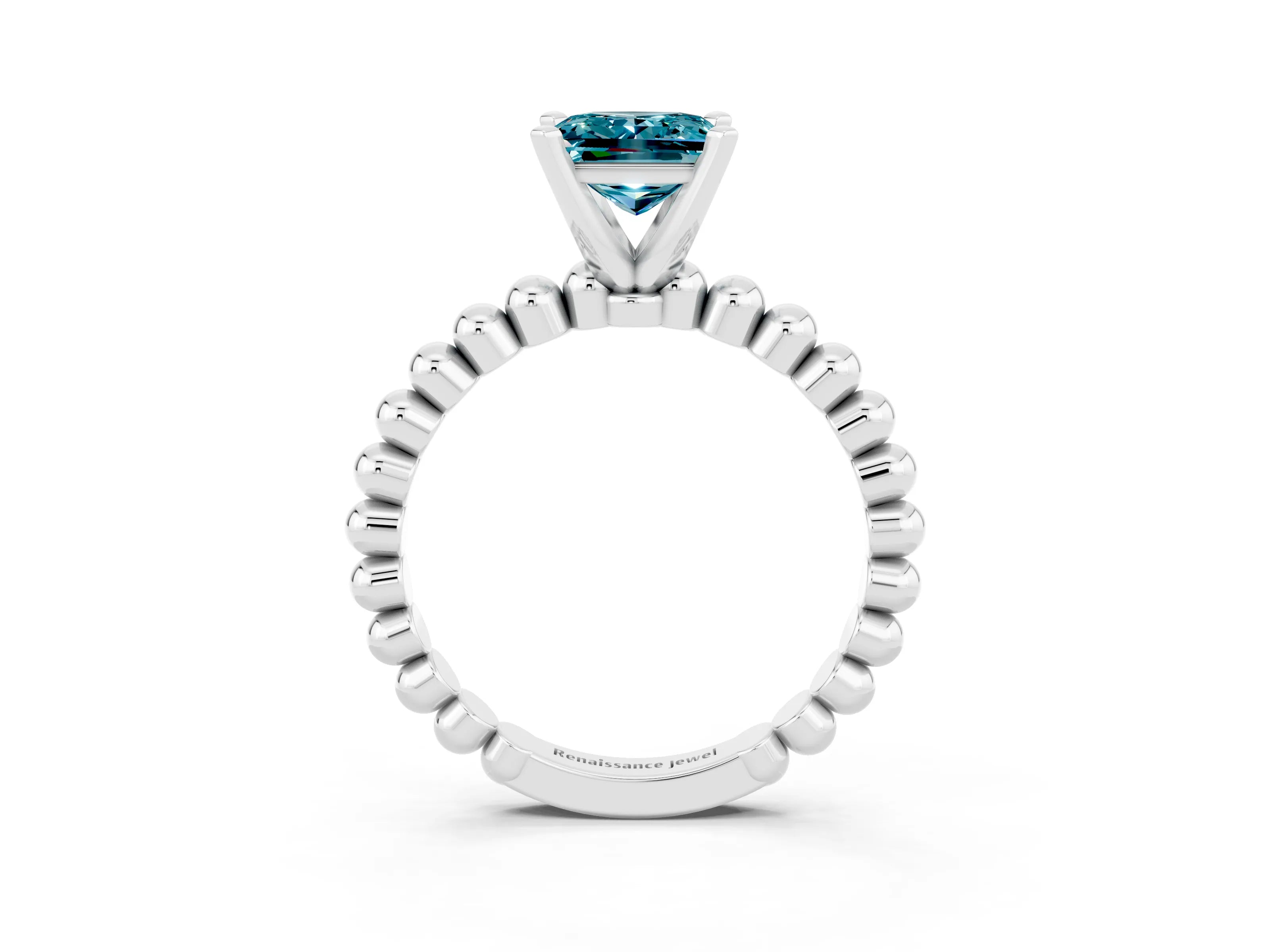 White gold Princess Cut Blue Topaz Solitaire Ring with Beaded Band and Prong Setting_15