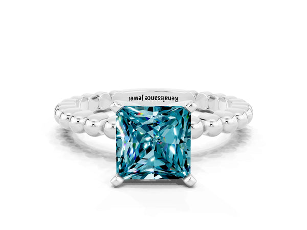 Platinum Princess Cut Blue Topaz Solitaire Ring with Beaded Band and Prong Setting
