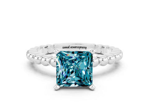 White gold Princess Cut Blue Topaz Solitaire Ring with Beaded Band and Prong Setting_24
