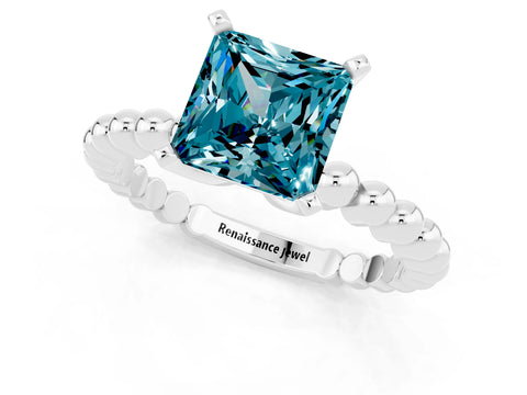White gold Princess Cut Blue Topaz Solitaire Ring with Beaded Band and Prong Setting_25