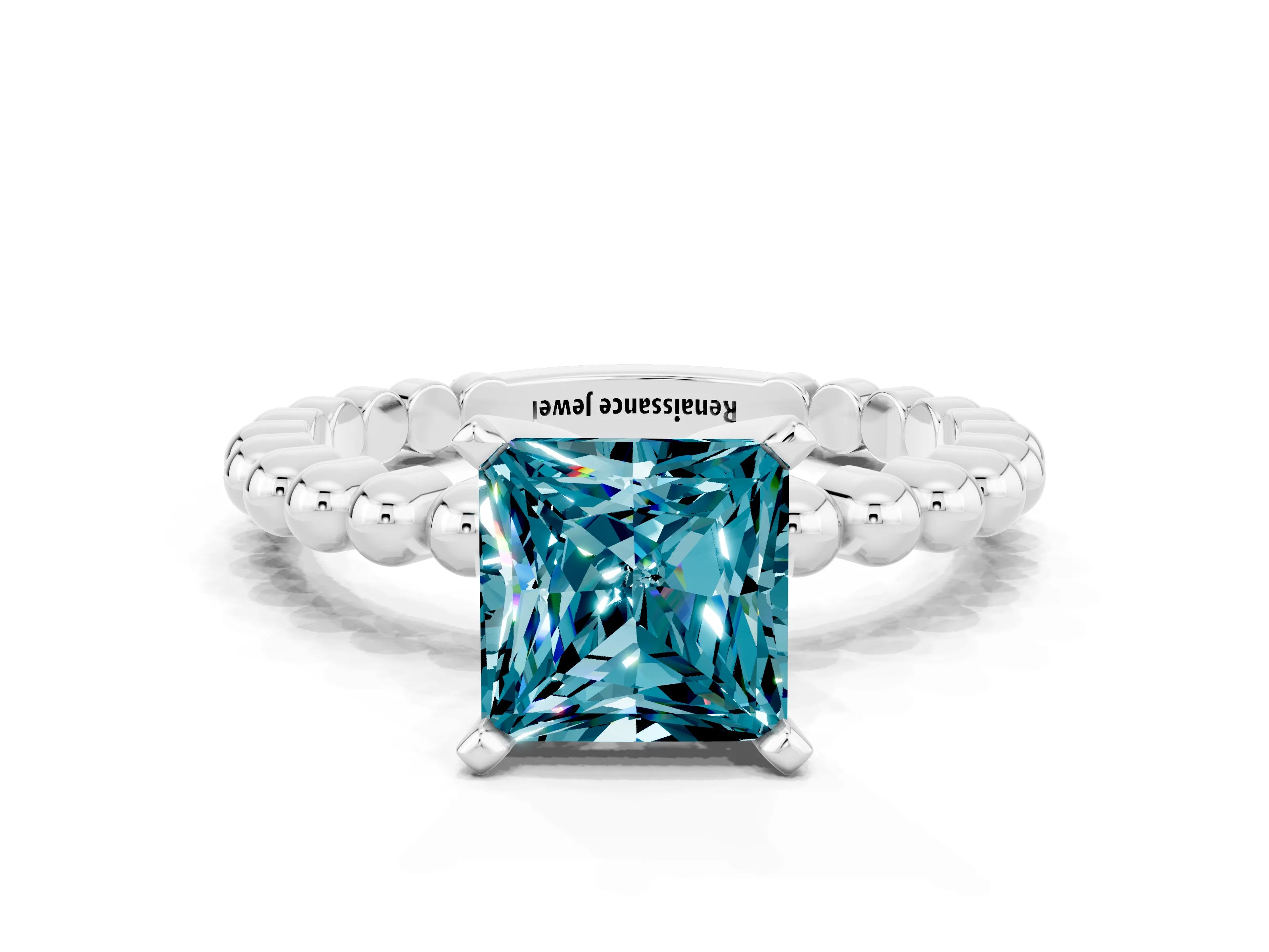 White gold Princess Cut Blue Topaz Solitaire Ring with Beaded Band and Prong Setting_36