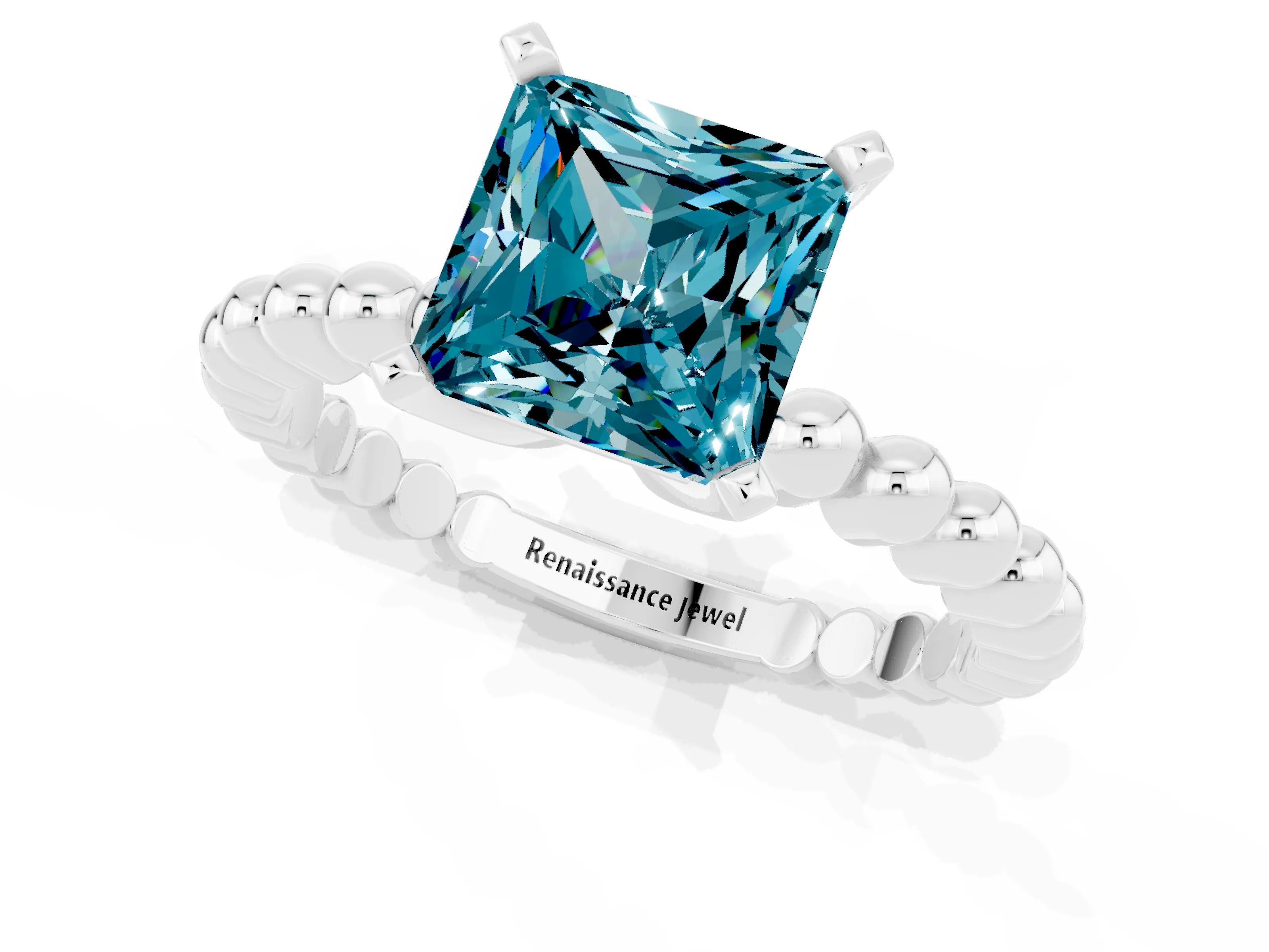 White gold Princess Cut Blue Topaz Solitaire Ring with Beaded Band and Prong Setting_37