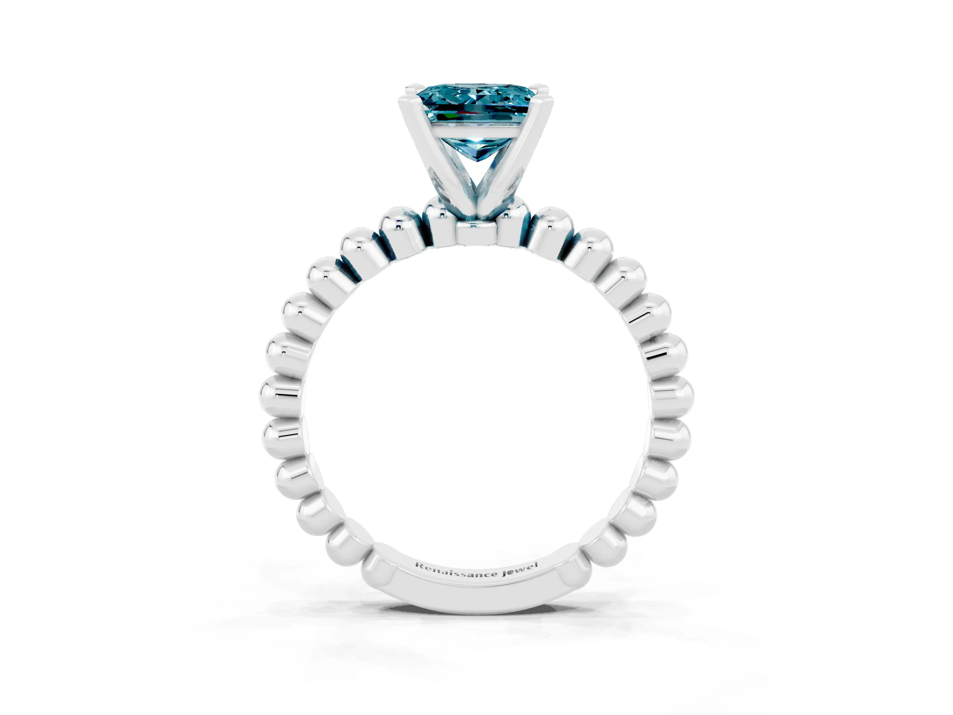 White gold Princess Cut Blue Topaz Solitaire Ring with Beaded Band and Prong Setting_39